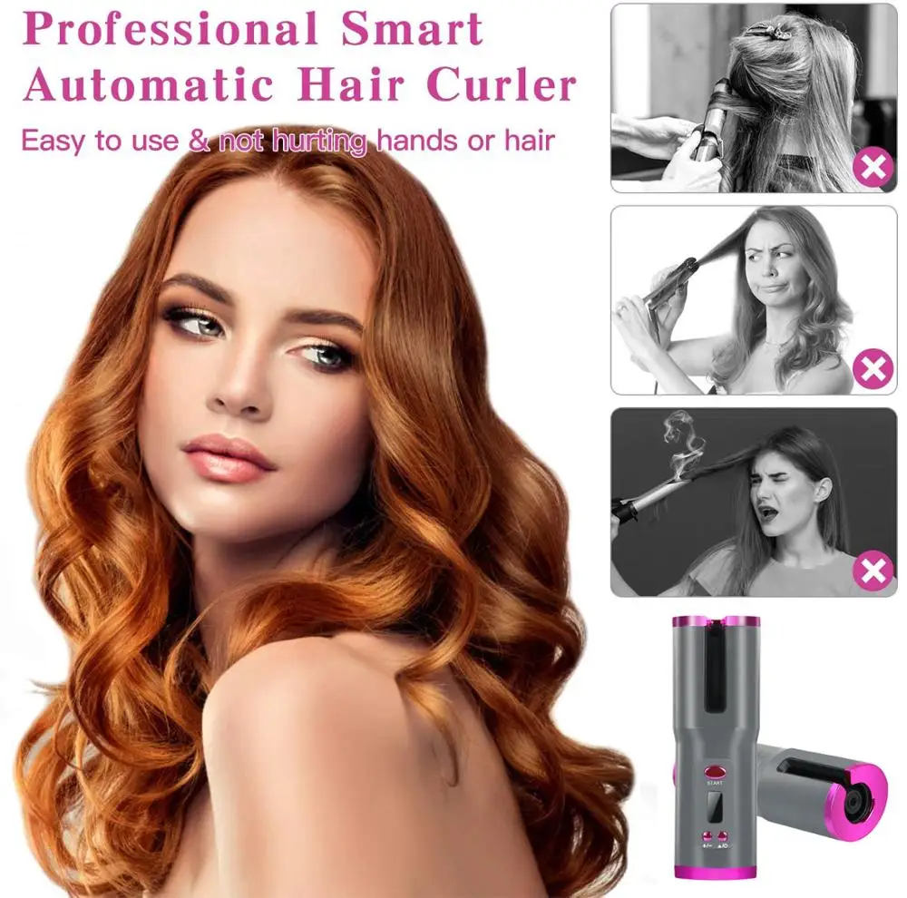 

Cordless Automatic Hair Curler iron wireless Curling Iron USB Rechargeable Air Curler for Curls Waves LCD Display Ceramic Curly