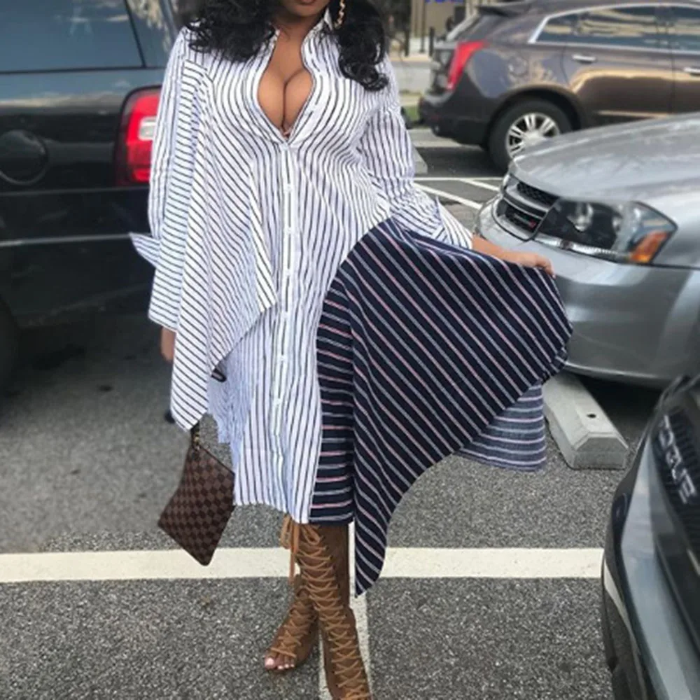 Женское длинное платье в полоску стиле пэчворк повседневное асимметричное синее