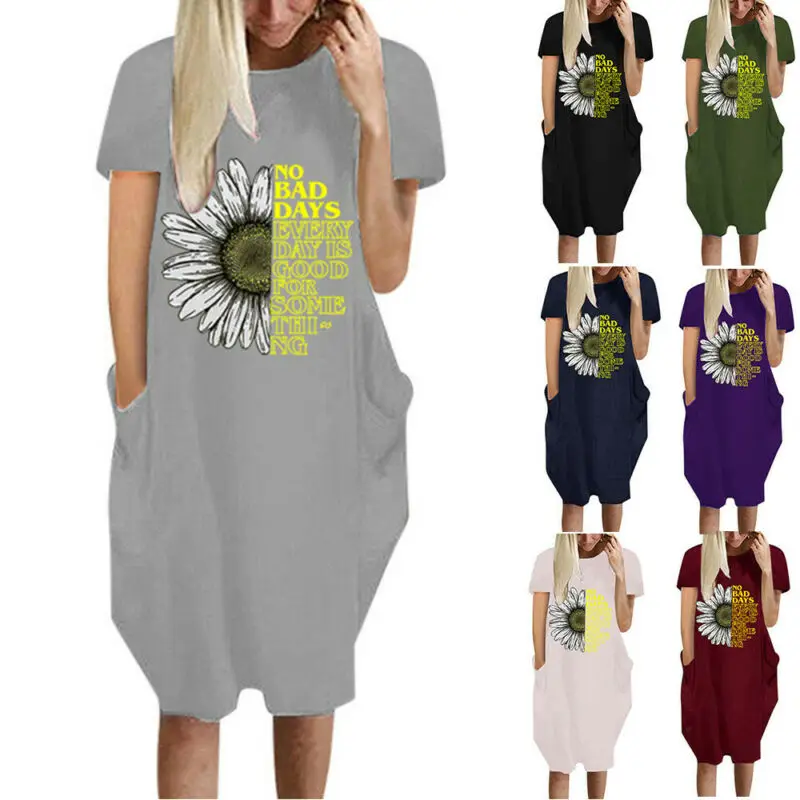 

Womens Short Sleeve Summer Dress Ladies Loose Fit Dress Pockets Dresses Casual