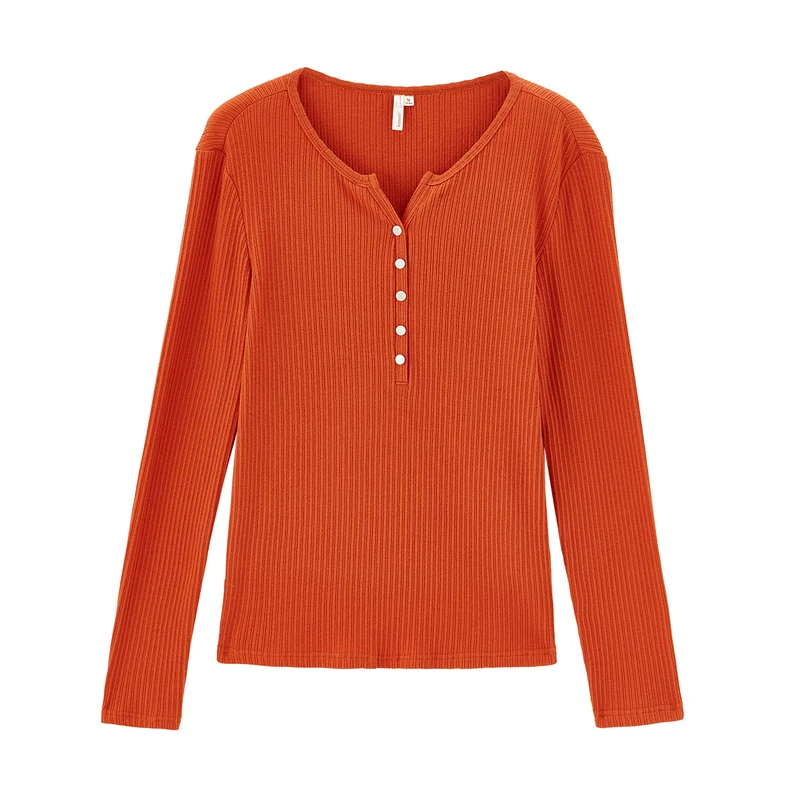 

INMAN Spring Autumn T-shirt for Women's V-neck Contrast Color Lean Cotton Solid-color Stripe Long-sleeved Versatile Sk