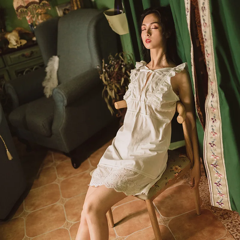 Pure cotton white pajamas, summer fresh princess, retro palace hollow strap suspender nightdress-10