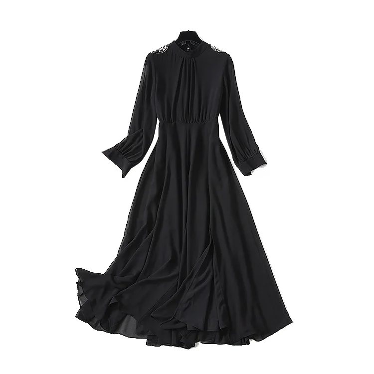 

European Runway Designer Dress 2020 Spring Women Vintage Long Sleeve Beading Slim Long Dress