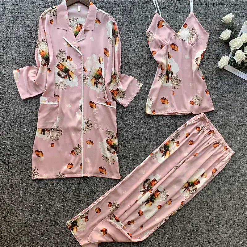 Ледяные шелковые женские пижамы 3 шт. модный пижамный комплект с принтом кардиган