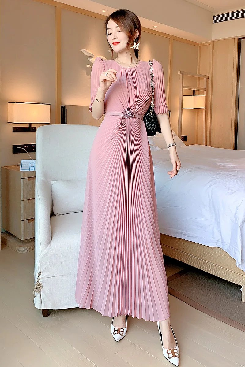 

High Quality Designer Runway Long Dress Summer Novelty Sexy Elegant Women Pleated Chiffon Party Dresses