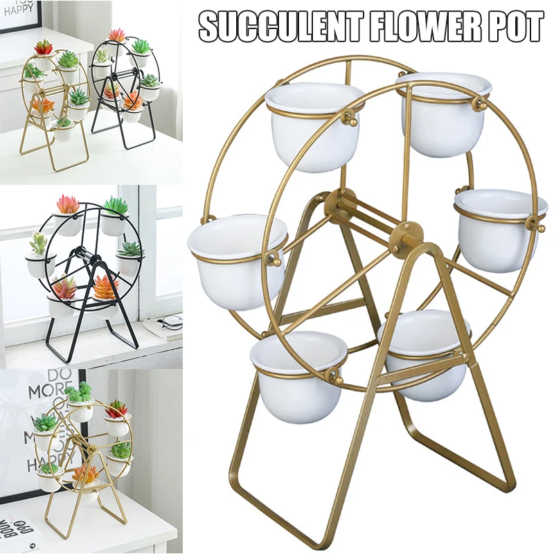 

Ferris Wheel Plant Stand with 6 Succulent Pots Modern Decorative Ceramic Flower Planter Pot Stand for Home Office Desk W