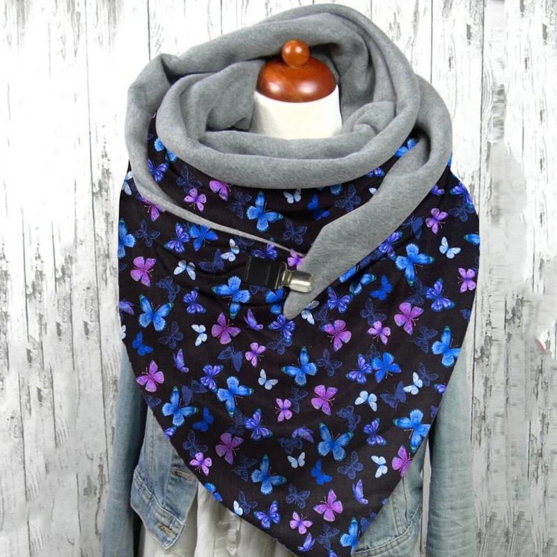 

Women Winter Thicken Warm Large Scarf Butterfly Rainbow Stripes Print Neck Warmer Snood with Clip Thermal Blanket Shawl