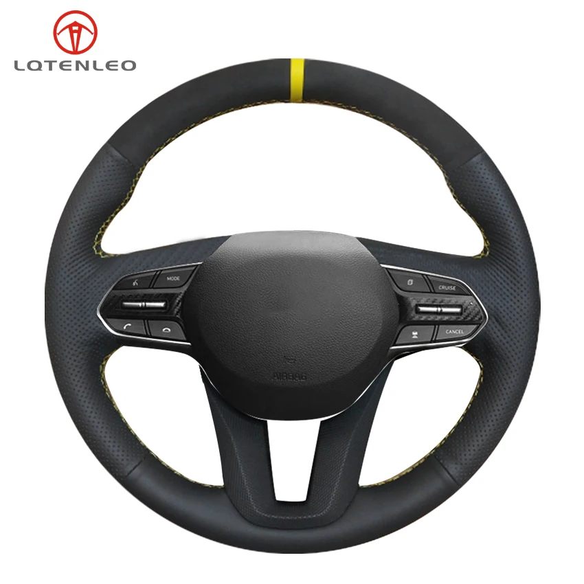 

LQTENLEO Black Genuine Leather Suede Hand-stitched Car Steering Wheel Cover For Hyundai Santa Fe 2019-2020 Palisade 2020