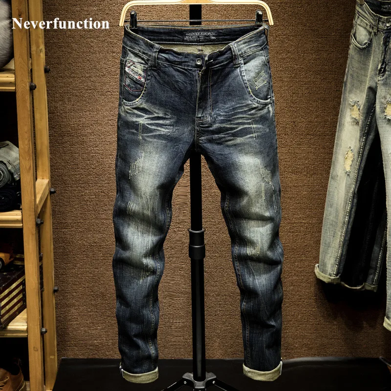 Мужские уличные винтажные простые синие обтягивающие джинсы в стиле хип хоп из