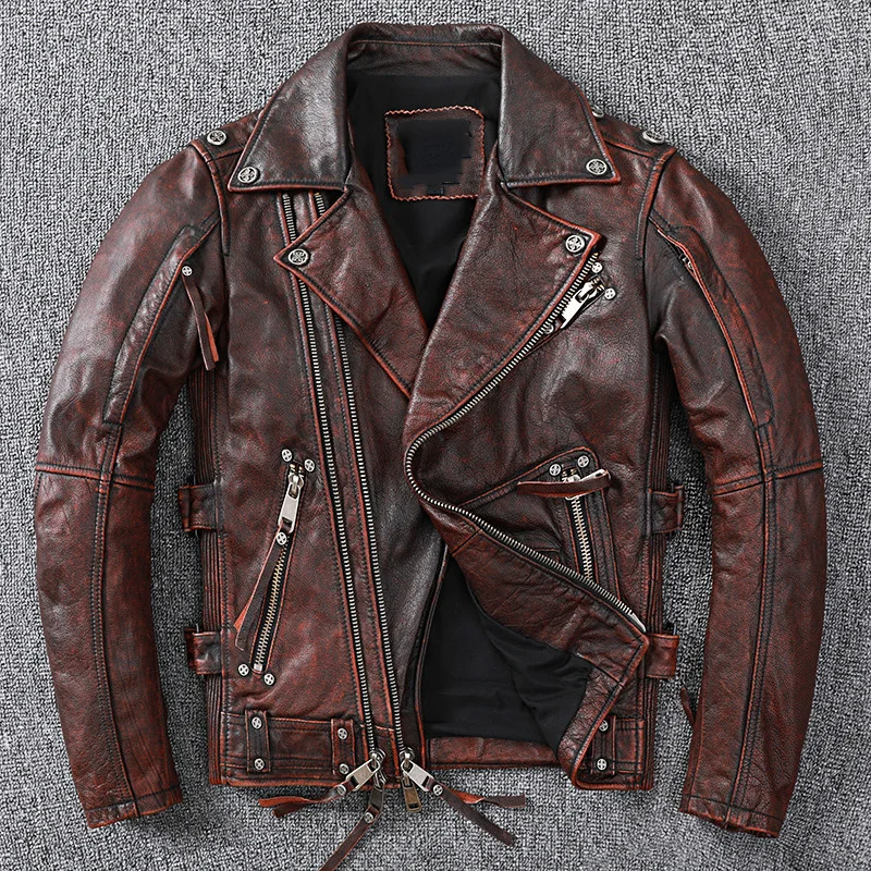 

Brown 2021 Vintage Motorcycle Style Genuine Leather Jacket Men Large Size 5XL Real Natural Cowhide Spring Slim Fit Biker's Coat