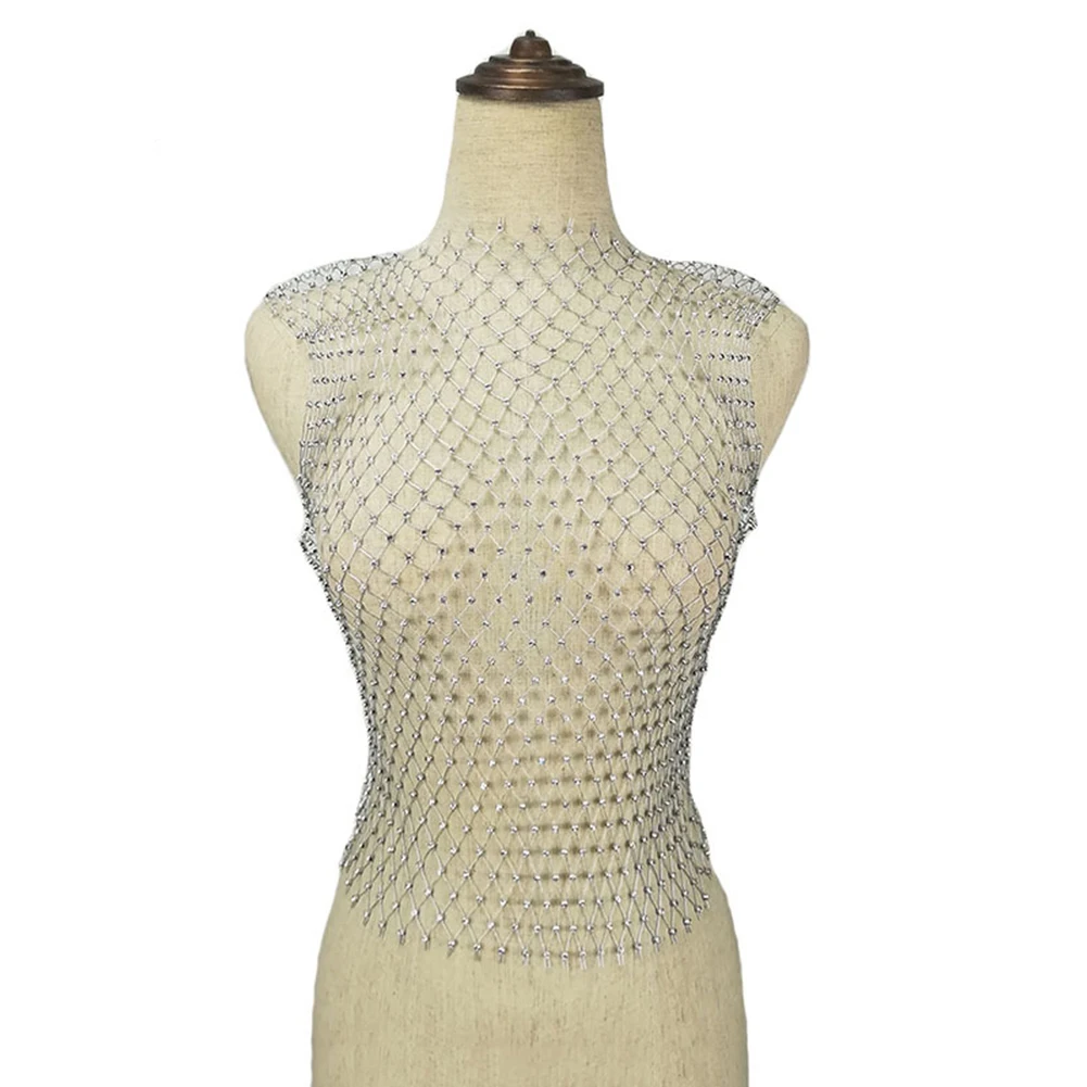 

Women Sexy Fashion Rhinestone Fishnet Design Round Neck Sleeveless Top Blouse