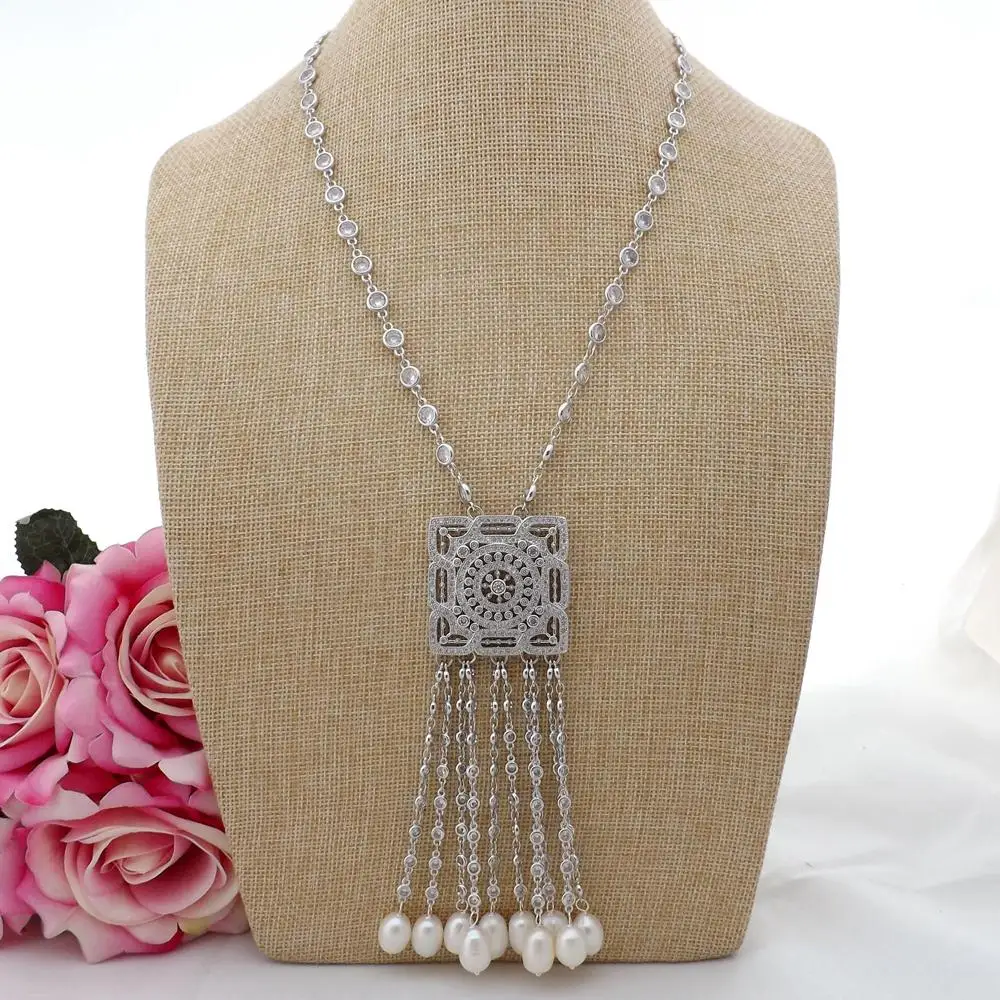 Цепочка с кулоном ожерелье кубическим цирконием Пресноводный Жемчуг белого риса