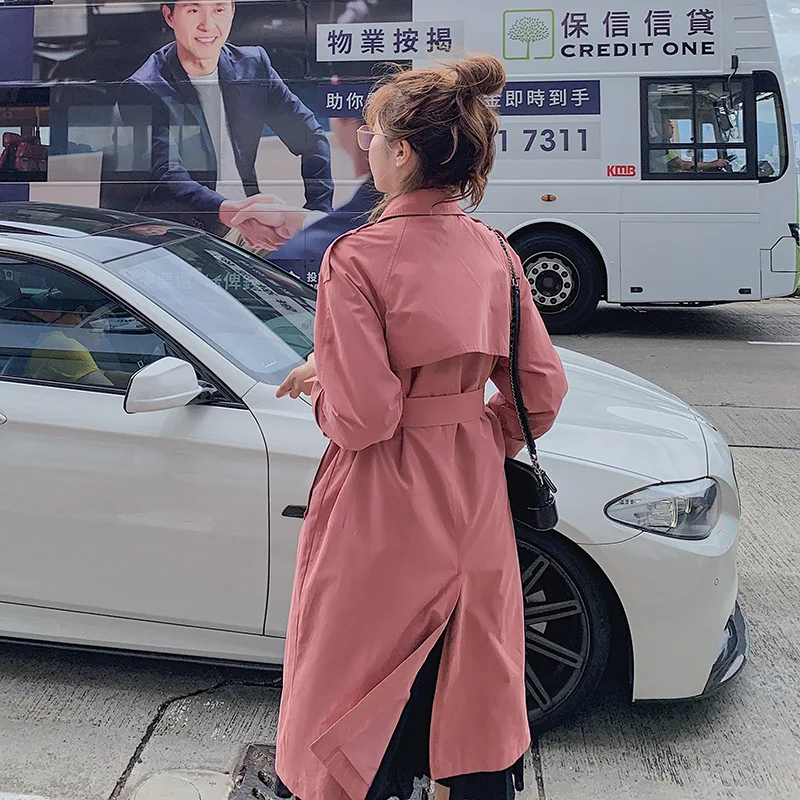 Розовый свободный длинный двубортный Тренч женский с широкой талией