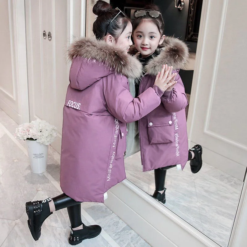 2022 Winter Warm Jackets for Girls Fashion Fur Hooded Children Girls Waterproof Outwear Kids Cotton Lined Parkas