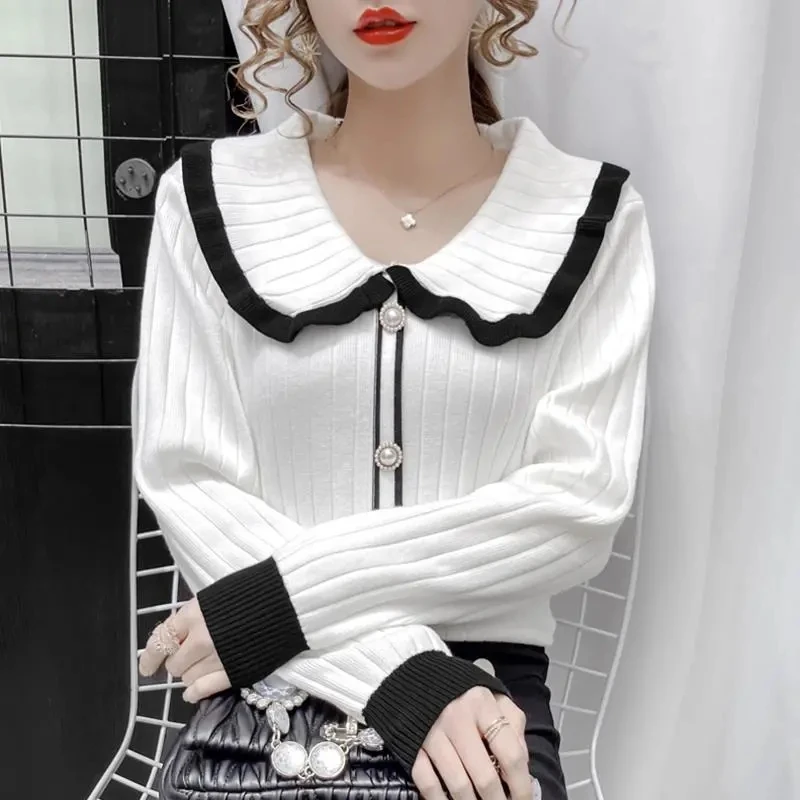 

Autumn/Winter 2021 new doll collar hit color fake cardigan sweater slim figure thin lady warm knitwear top