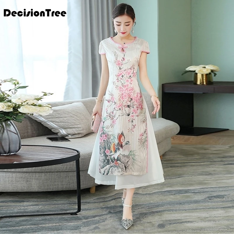 Женский белый Принт aodai вьетнамская традиционная одежда ao dai вьетнамское платье вьетнамские костюмы улучшенное платье чонсам