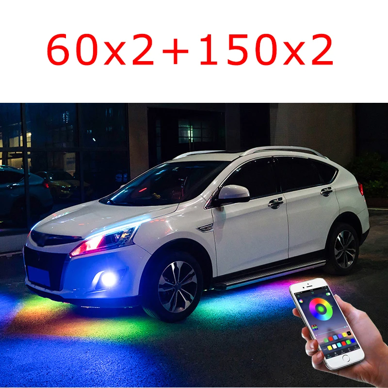 Niscarda 4 шт 12V IP65 Bluetooth App Управление RGB Светодиодные ленты под автомобиль 60 90 120 см Tube Underglow днища Системы неоновый светильник - Испускаемый цвет: Flowing 60x2-150x2