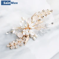 sainmax pearl hair clip for wedding bridial hair accessories crystal alloy flower hair jewelry gold color hair ornaments