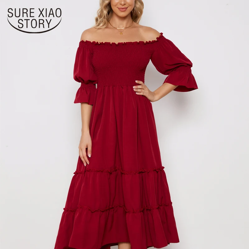 

New Europe and America Red Long Dress for Women Elegant Slash Neck Party Dress High Waist Boho Dress Robe Femme 18257