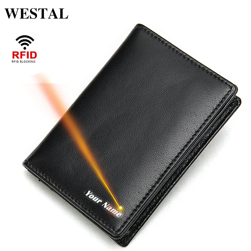 WESTAL гравировальный мужской кошелек из натуральной кожи RFID тонкий/тонкий для карт