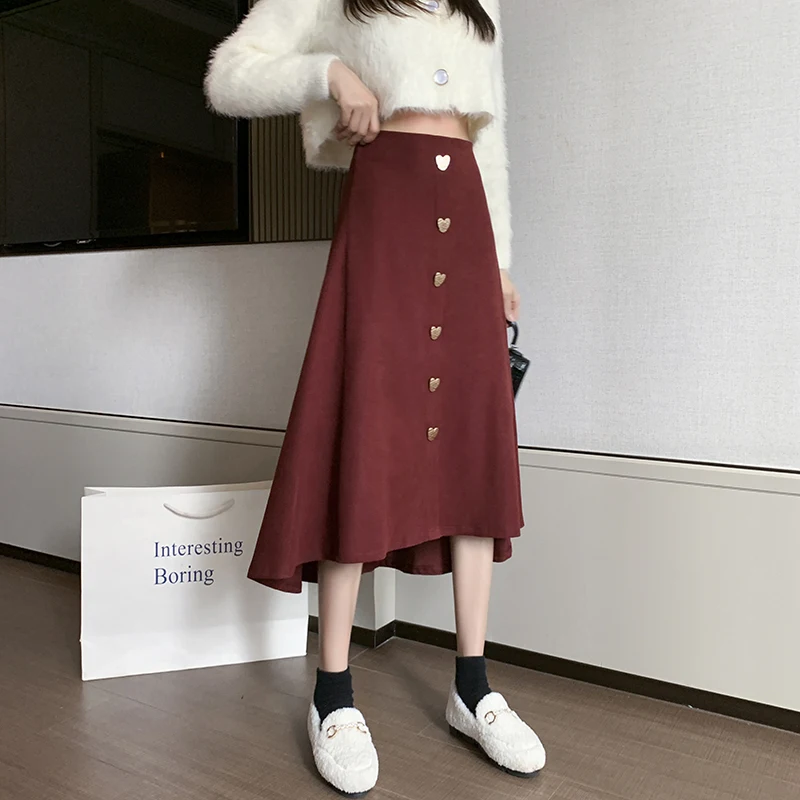 

Women Skirts Solid Buttons Simple High Elastic Waist Slim Loose A-line Elegant Party Date Students Office Lady All-match Trendy