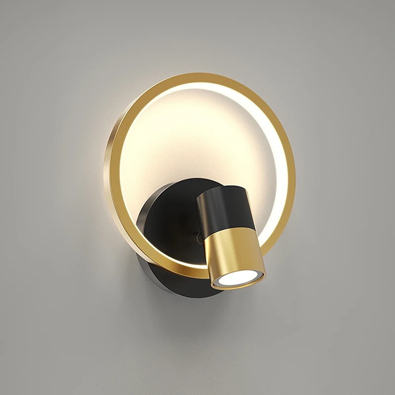 FSS Modern Circle Round Gold Ring Black Wall Lamp For Bedroom Bedside With Spotlights Nordic  LED Light Luxury Aisle Corridor