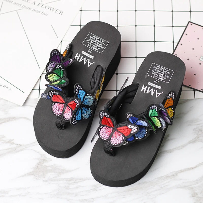 Fashion New 2022 Summer Handmade Butterfly Slippers Solid Platform Sandals Wedges Footwear Beach Outside Women Flips Flops