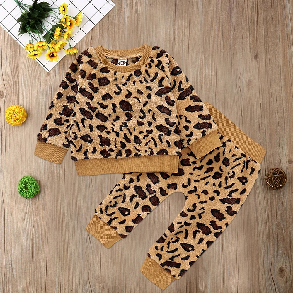 Newborn Baby Girls Leopard print Outfit Clothes Set Long Sleeve Tops+Pants 2Pcs Hooded Tracksuit Children's Clothing Tracksuit