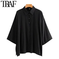 traf women fashion oversized button up cozy blouses vintage three quarter sleeve side vents female shirts chic tops