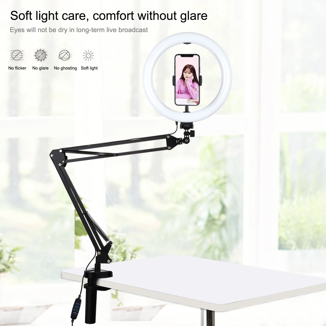 26CM Ring Light USB With Phone Stand + Adjustable Desktop Boom Magic Arm For YouTube Live Video Streaming , Makeup ,Selfie
