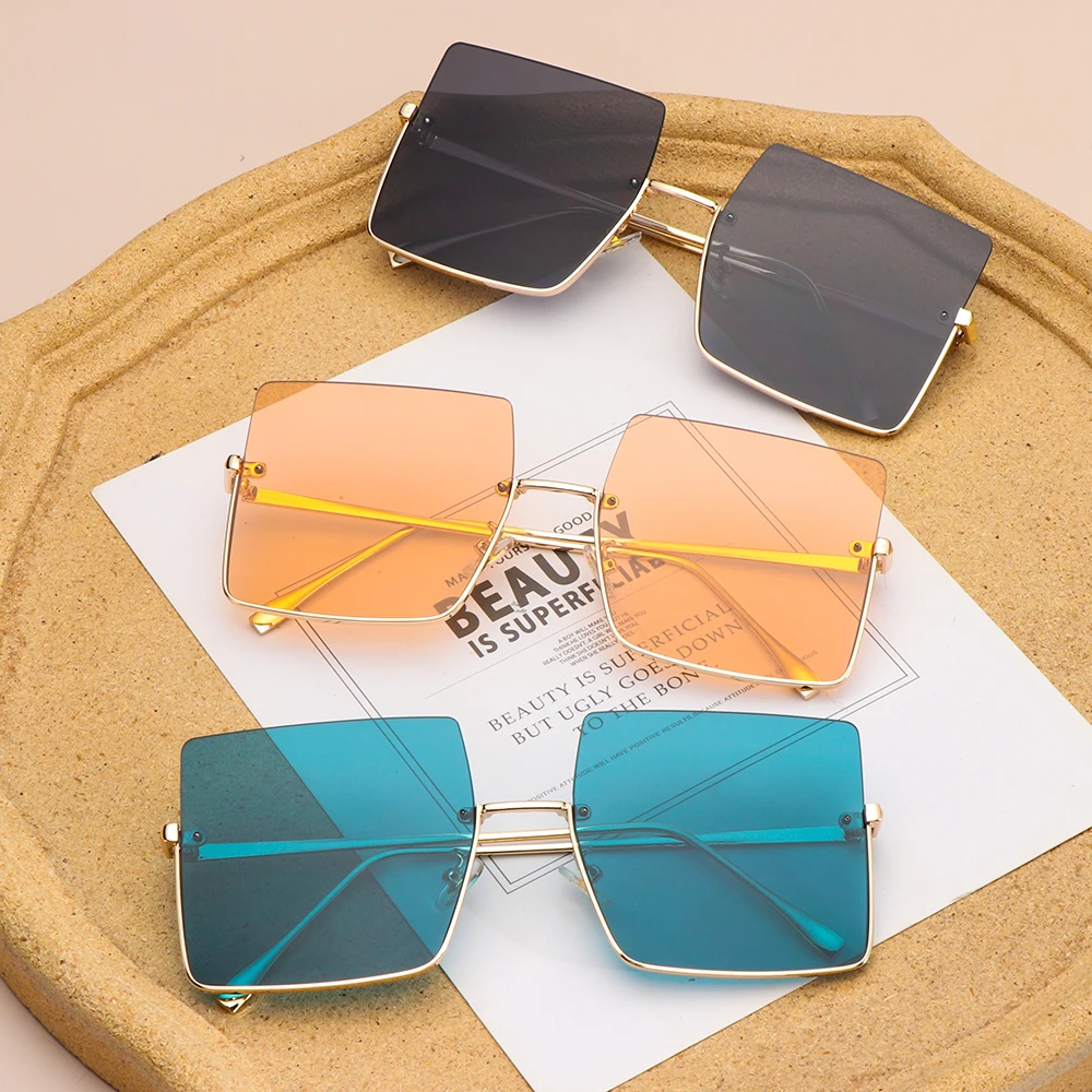 

2021 New Metal Semi-rimless Sunglasses Retro Oversized Square Women Fashion Half Frame Streetwear UV400 Fishing Hiking Eyewear