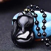 natural black obsidian fox pendant necklace beads chinese hand carved fashion charm jewellery accessories amulet men women gifts