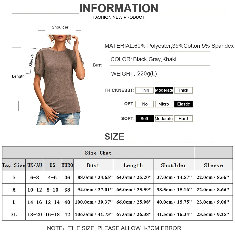 

Puff Short Sleeve T-shirt for Summer Women Round Neck Slim Fit Tee Shirt Ladies Knitted Solid Color Casual Daily Tops Blusas D30