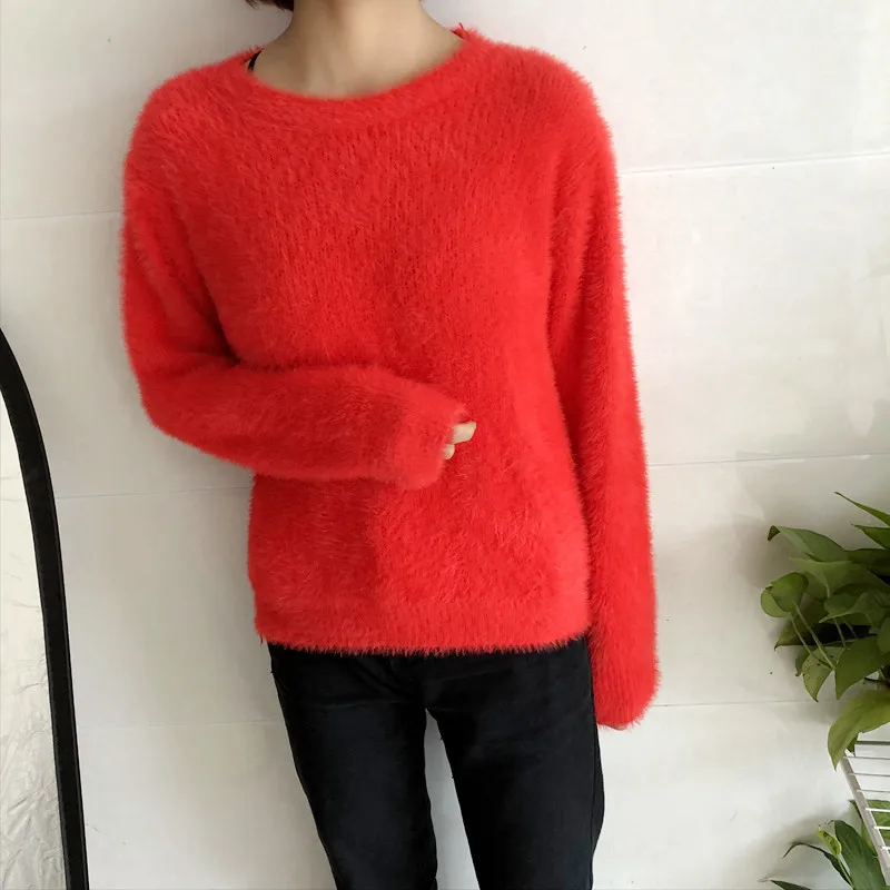 Женский свитер пуловер из мохера однотонный Повседневный свободный круглый