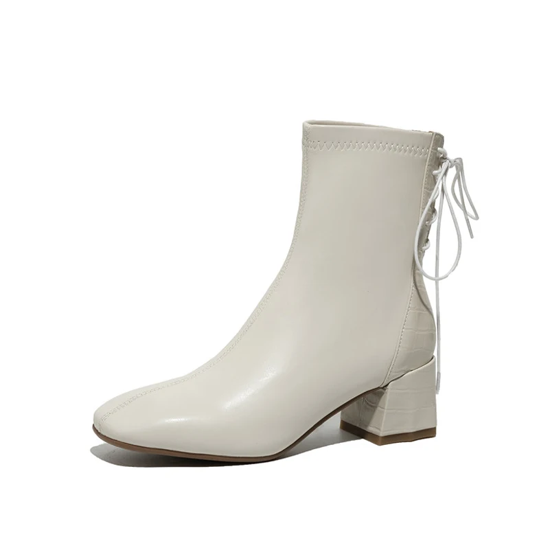 

ANNYMOLI High Heel Woman Boots Real Leather Ankle Boots Lace Up Block Heel Shoes Square Toe Short Boots Female Beige Big Size 40