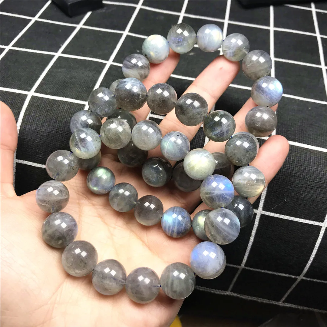 

14mm Natural Labradorite Bracelet Jewelry For Women Men Healing Luck Stretch Yellow Blue Light Crystal Round Beads Strands AAAAA