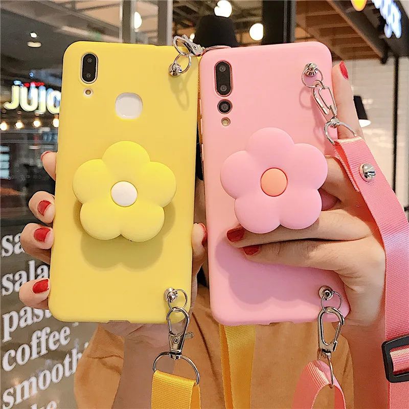 

For Huawei P40 Lite E P30 Pro P20 P10 3D Cute little flower TPU phone case For Huawei Mate 20 30 10 20x lanyard with holder