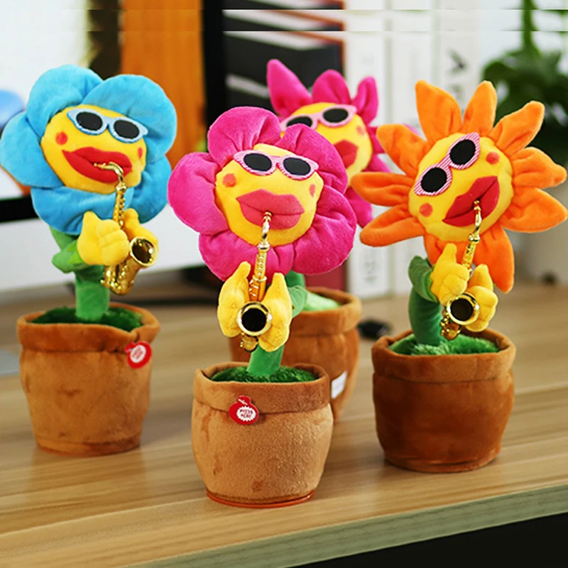 

Dancing Sunflower with Sax 35cm Electronic Singing Toy 80 Songs Swinging Plant Pot Wiggling Plush Ornament Gift for Kids LBV