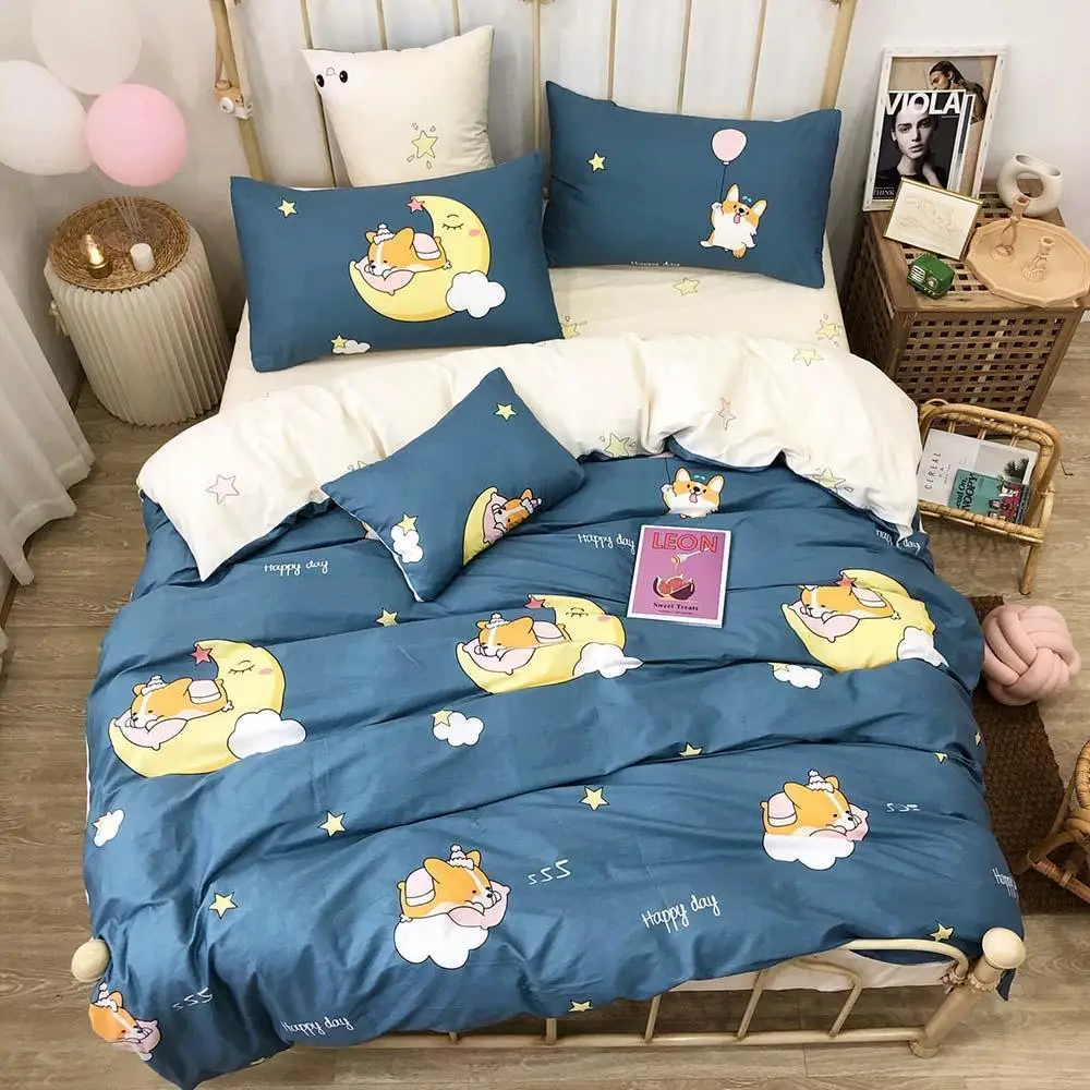 

47 Cartoon Blue Corgi Moon Duvet Cover Set Kids Children Flat Sheet Cotton Bedlinens Twin Queen Bedding Sets Pillowcases