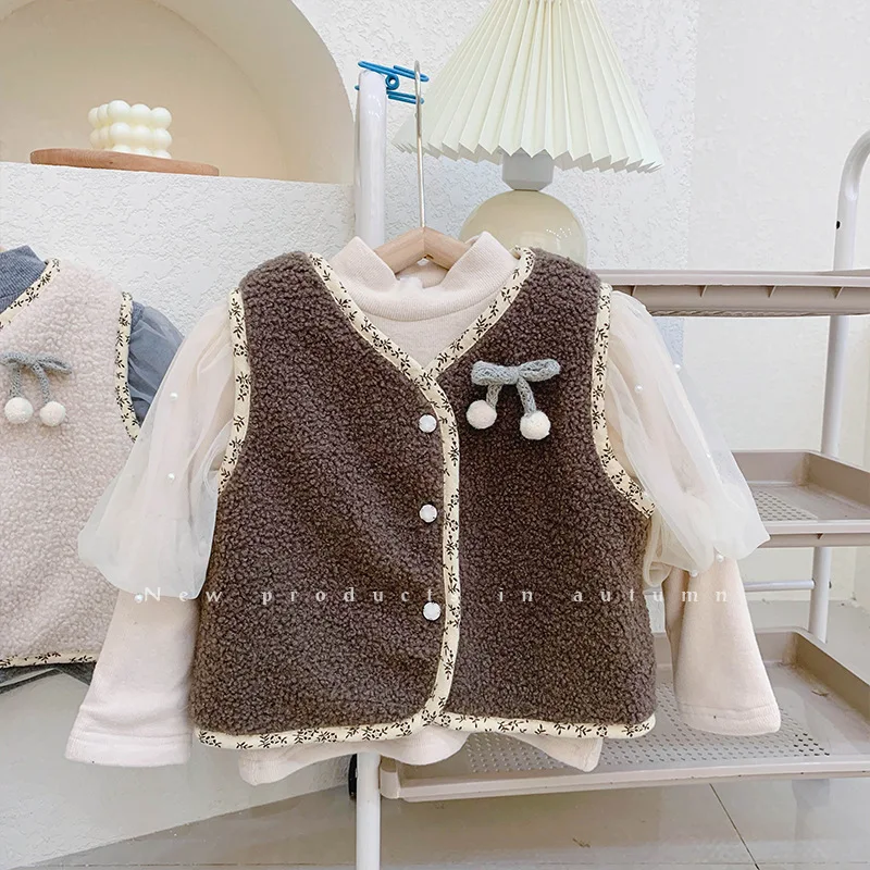 

Vest Outerwear V-neck Collar Single Breasted Solid Regular Cotton New Fashion Simple Cute Cool Spring Autumn Children Girls