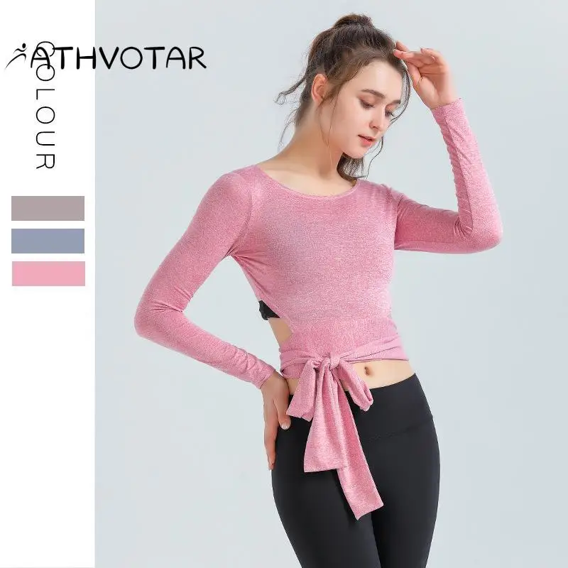 

ATHVOTAR Sports Yoga Wear Women's Long-Sleeved Lace-Up T-Shirt Running Sports Top Sexy Beautiful Back Yoga Workout Clothes