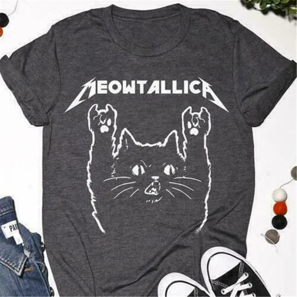 Футболка Cat meowallica Rock Music мужская и женская футболка Dark Heather новые крутые топы для