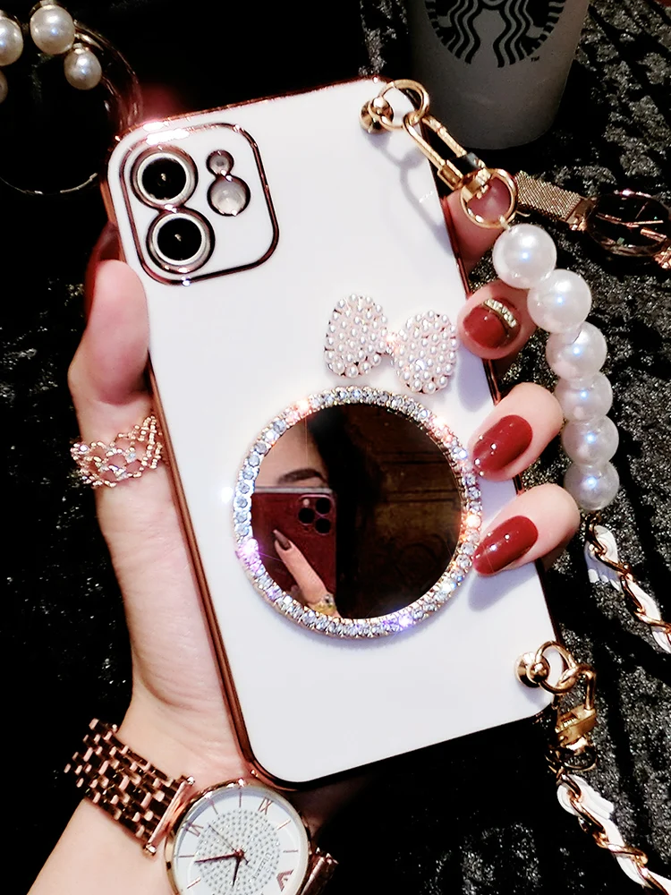 

Fashion Pearl Bow Round Makeup Mirror Female Soft Case For Iphone 14 11 12 13 Pro Max 7 8 Plus Xr X Xs Se 2 Iphone Cover Fundas