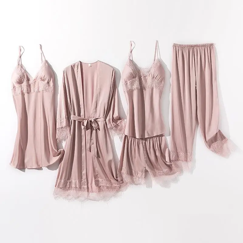 

Пижама женская атласная с кружевной отделкой, комплект свободного кроя для сна, тонкий пижамный комплект из 5 предметов, Повседневная Домаш...