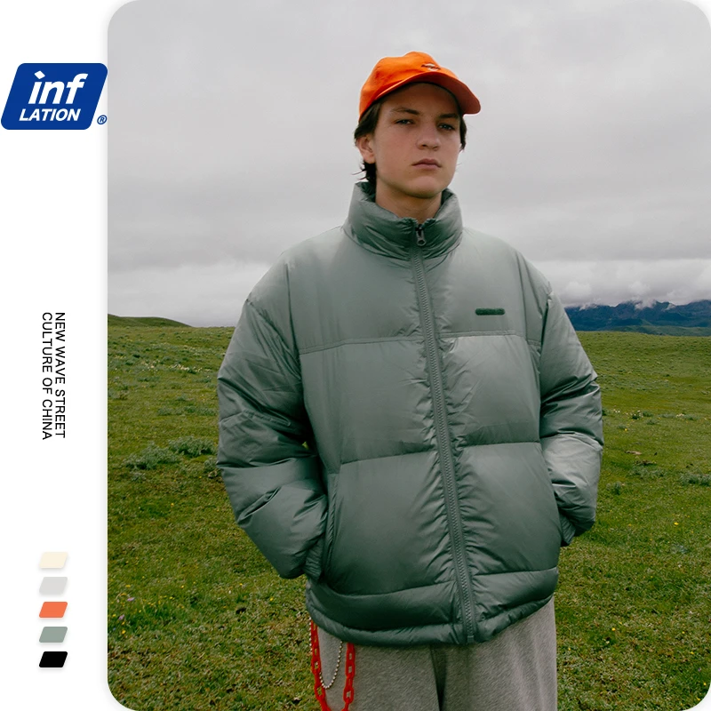 Мужской пуховик с воротником стойкой INFLATION однотонный теплый свободного кроя