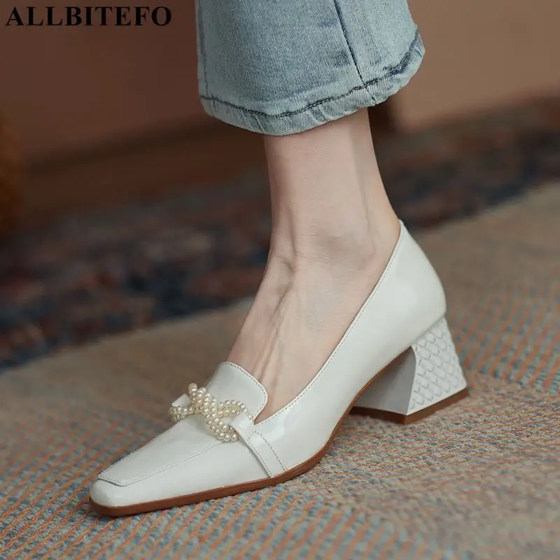 

Модные дизайнерские вечерние туфли ALLBITEFO с бусинами, женские туфли из натуральной кожи на толстом каблуке, весенние туфли на высоком каблук...