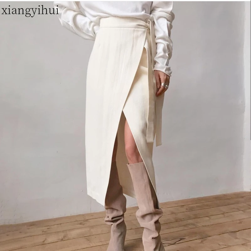 Sexy Elegant Split Hem Skirt Women Office Ladies Mid-culf Suede Long Skirt Women Autumn Winter Lace Up Bandage Skirts Khaki