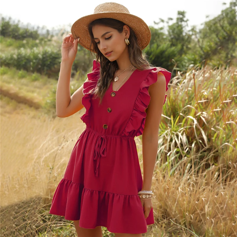 

Spring Street Style Button V-neck Butterfly Sleeve Solid Above Knee Mini Dress 2021 New Summer Casual Lace Up Short Dress