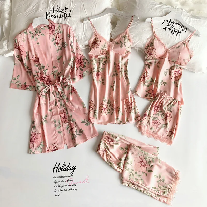 

Print Flower 5PCS Nightwear Women Pajamas Suit Sexy Homewear Casual Intimate Lingerie Spring New Home Clothing Satin Sleep Set