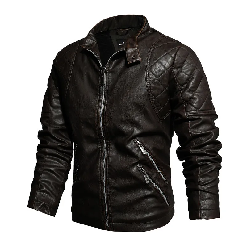 

Autumn Winter Mens Casual Embroidery Motorcycle Jacket New Faux PU Leather Biker Coat Zipper Fleece Jackets