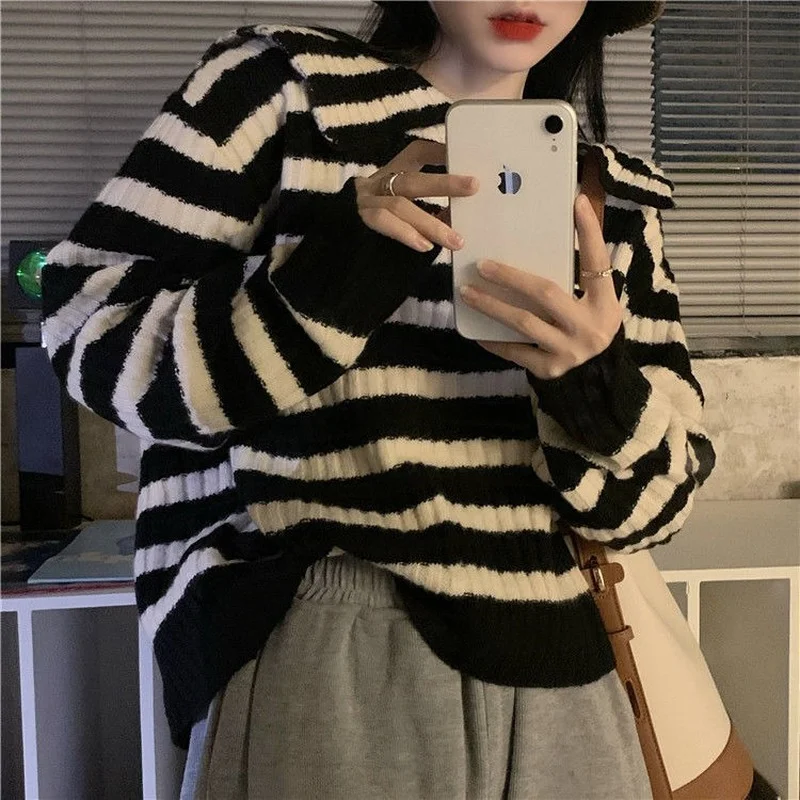 

Женский свитер в полоску в стиле колледжа, Топ-поло в стиле Харадзюку, ретро свитер для девочек, женский зимний свитер, одежда